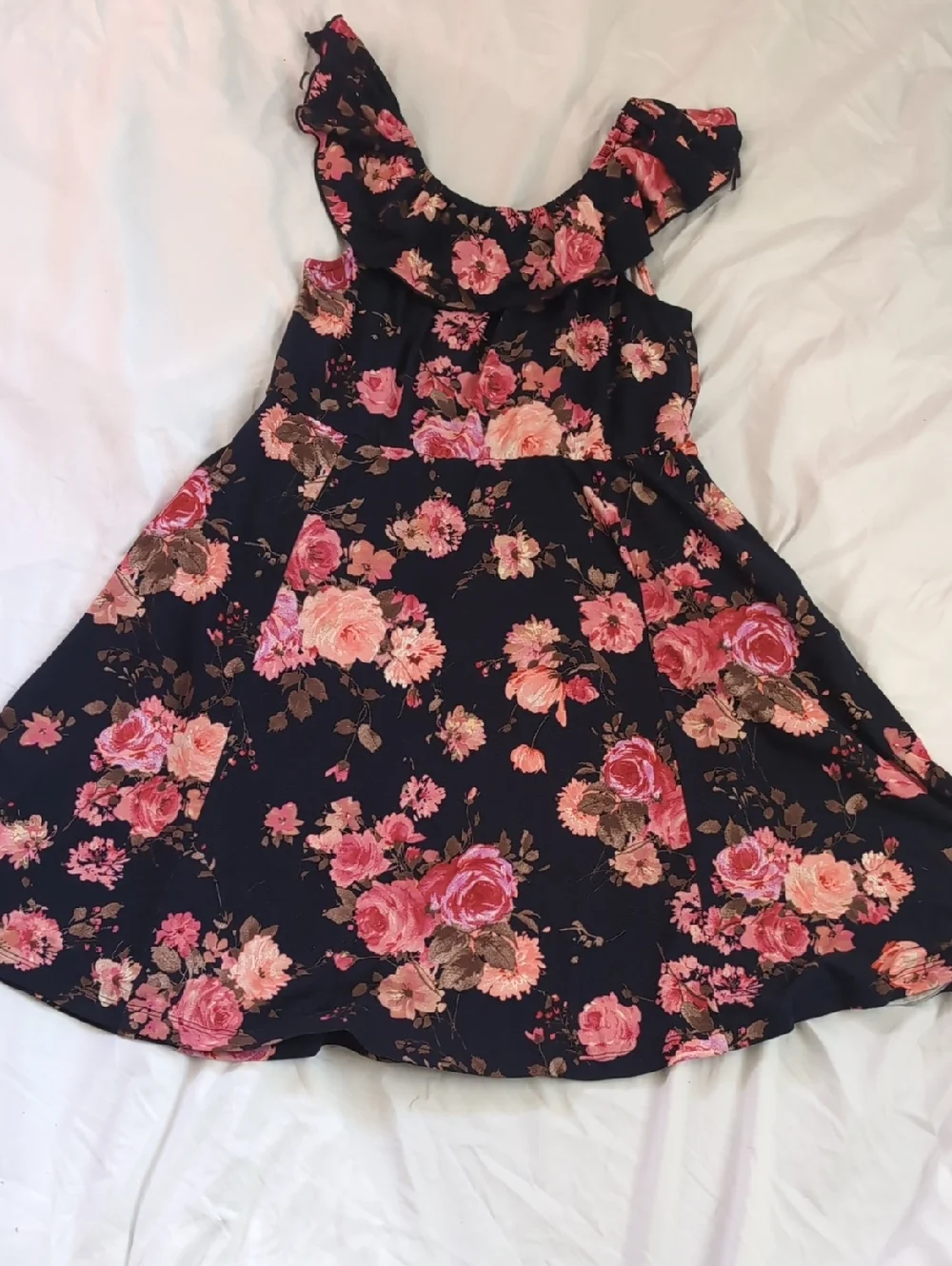 Justice Navy Floral Ruffle Dress with Pink Roses